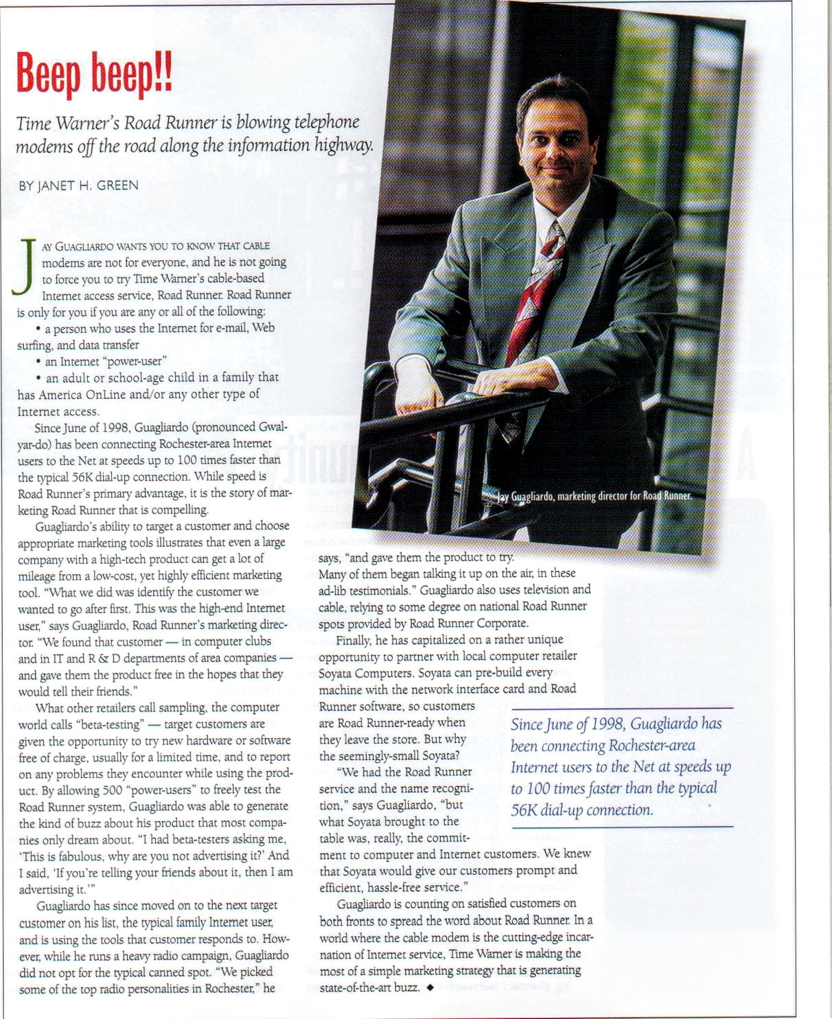Jay Guagliardo featured in a magazine article about Road Runner internet service